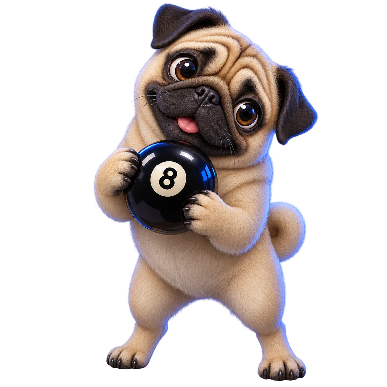 A fawn pug holding a black fortune ball